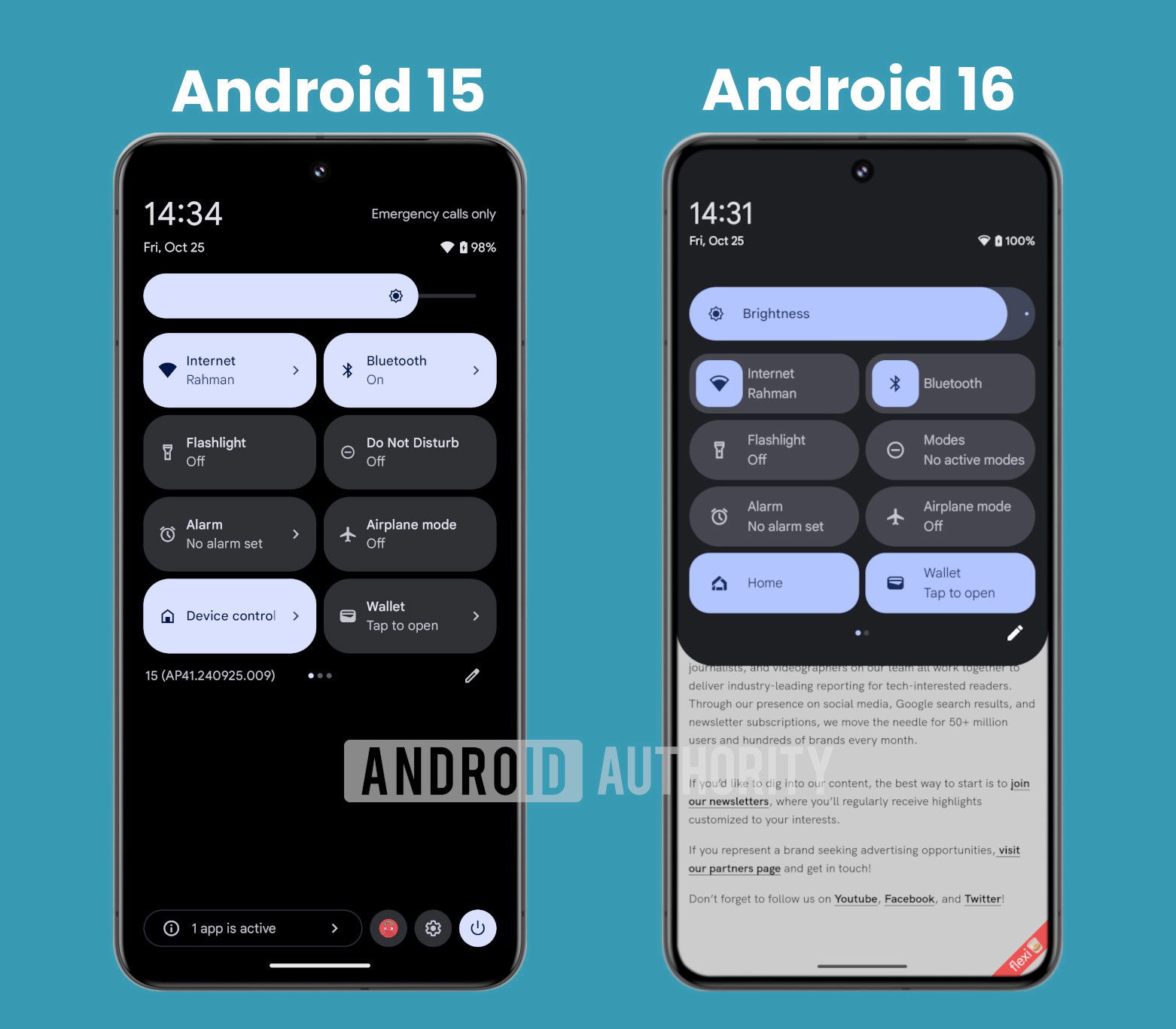 Android 15 vs Android 16 Quick Settings panel