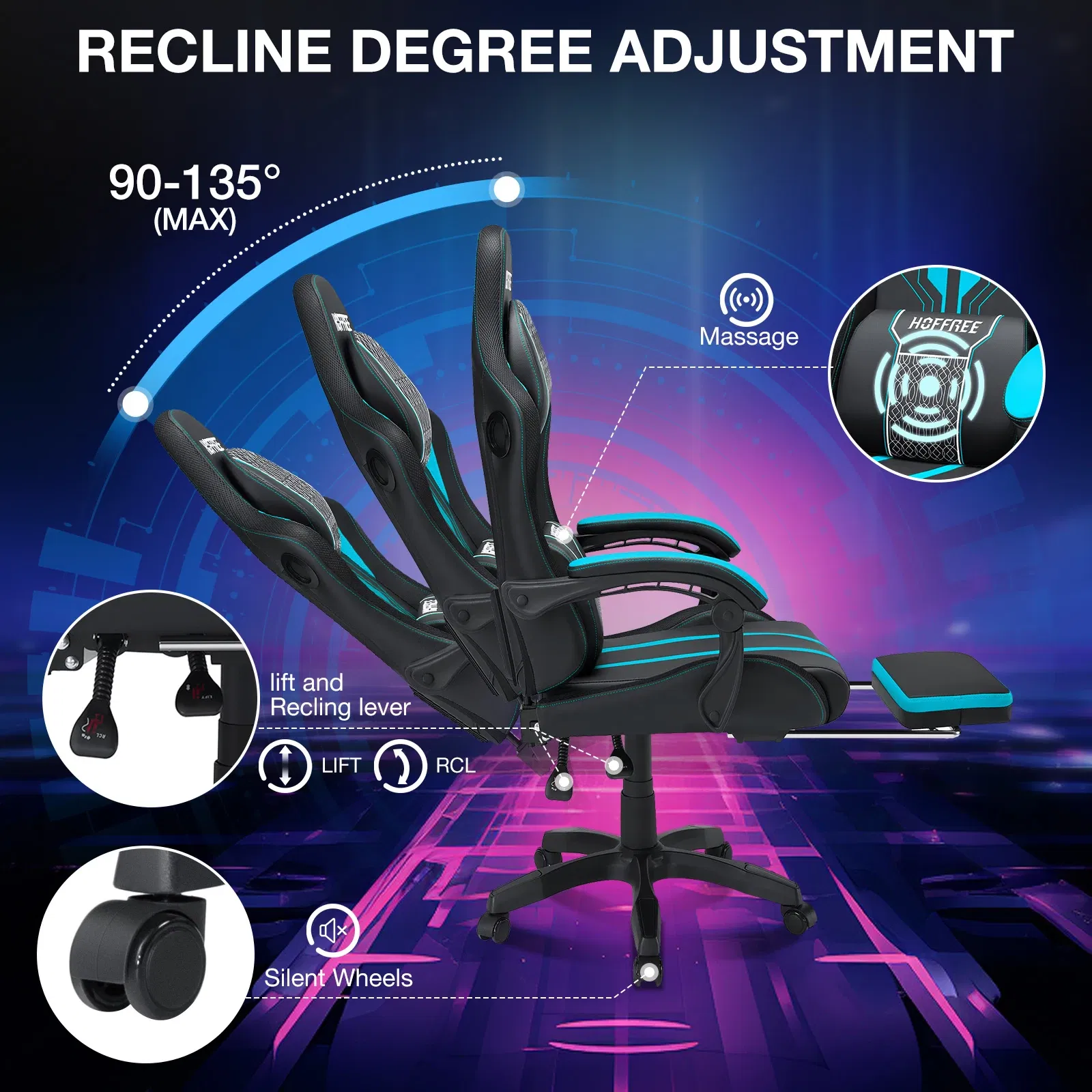 Hoffree Office Gaming Chair with Speakers and LED Lights recline