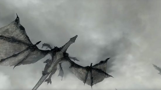 Skyrim console commands and cheats: A large black dragon soars through the air, obscured by clouds and smoke.