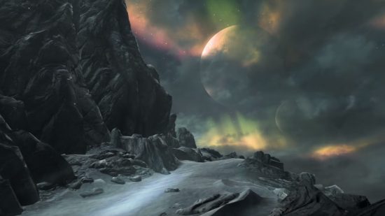 Skyrim console commands and cheats: The twin moons of Tamriel are large in the night sky, obscured by clouds.