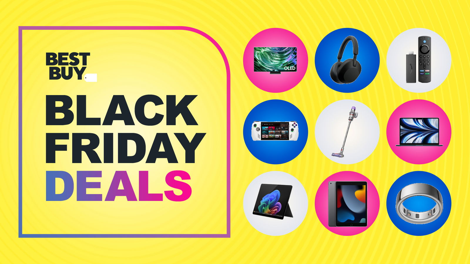 Κολάζ προσφορών από την προσφορά Best Buy Black Friday που περιλαμβάνει τηλεόραση Samsung, ακουστικά Sony, Fire TV stick, Dyson vacuum, MacBook, iPad, Microsoft Surface και Oura Ring