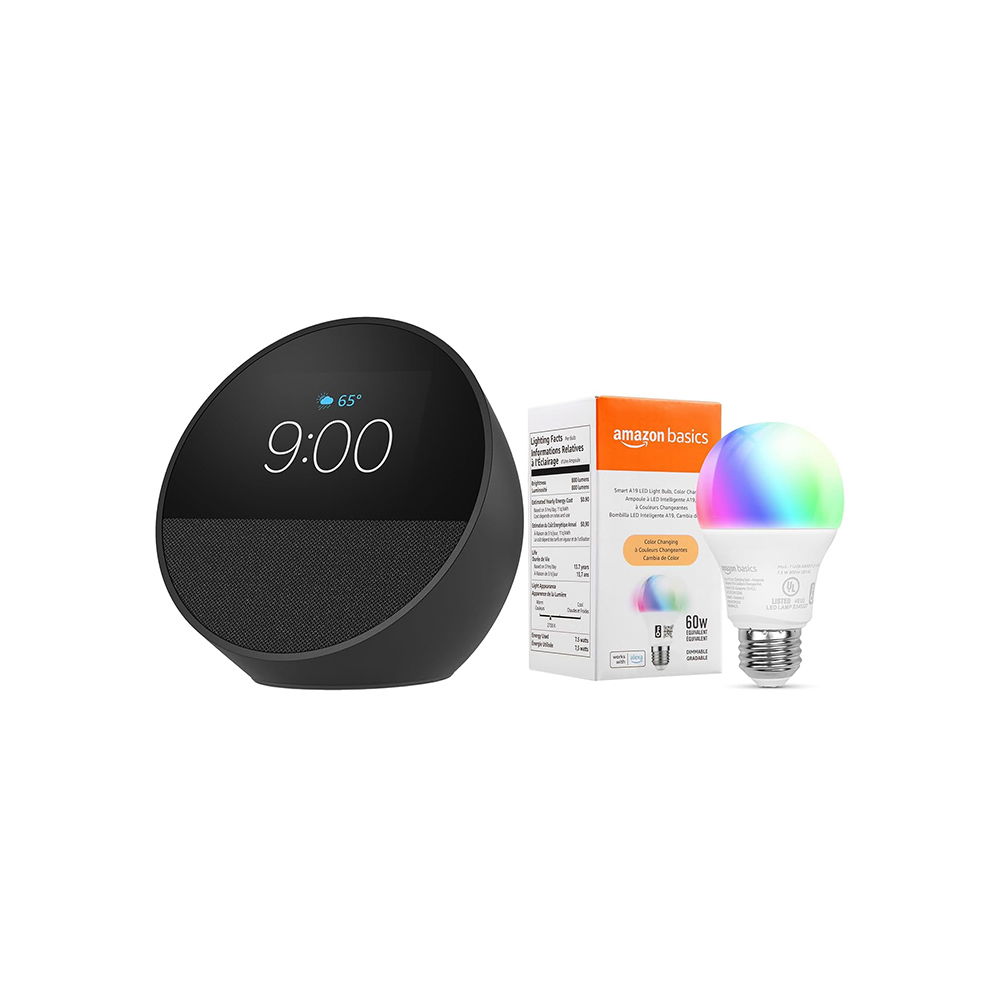 Amazon Echo Spot με έξυπνο έγχρωμο λαμπτήρα Amazon Basics