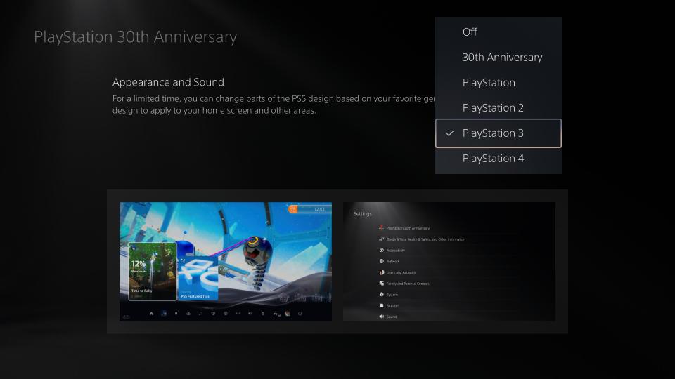 Στιγμιότυπο οθόνης του θέματος PlayStation 30th Anniversary, που δείχνει την εμφάνιση του PS3.