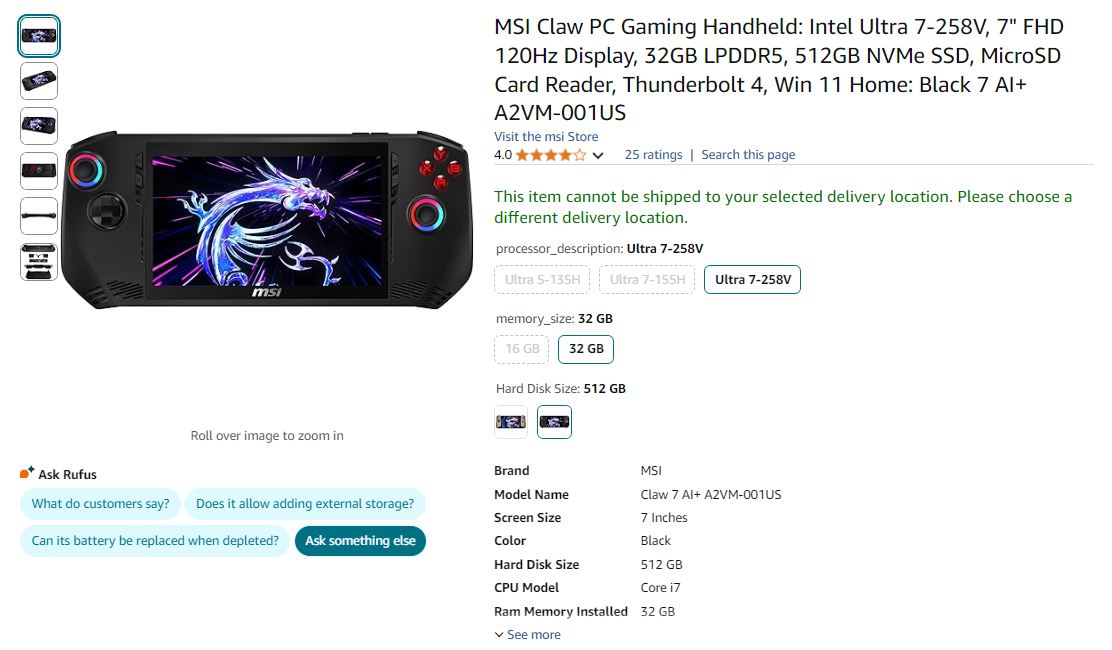 MSI Claw 7 AI+ Amazon