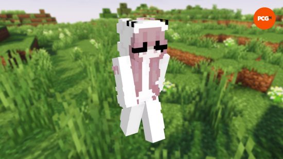 A kawaii Minecraft skin featuring a pink-haired player in a white Hello Kitty onesie.