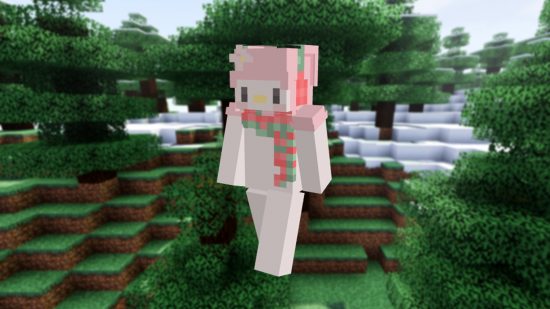 Cute Minecraft skins: Sanrio My Melody in Minecraft wearing a scarf and ear muffs in a snowy taiga